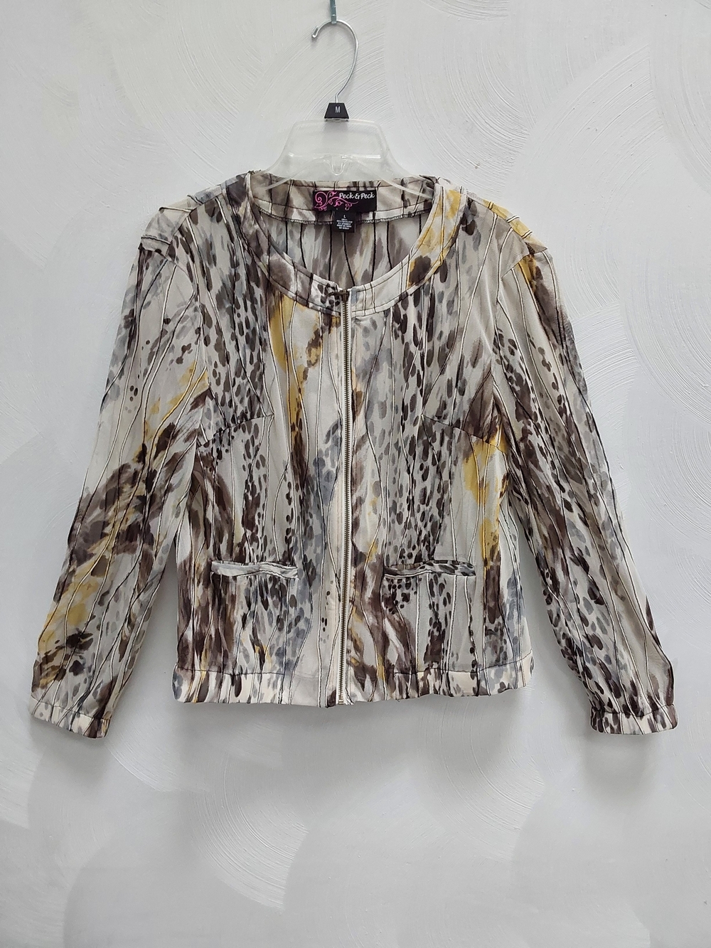 Peck & Peck Sheer Animal Print Zip Jacket Yellow L